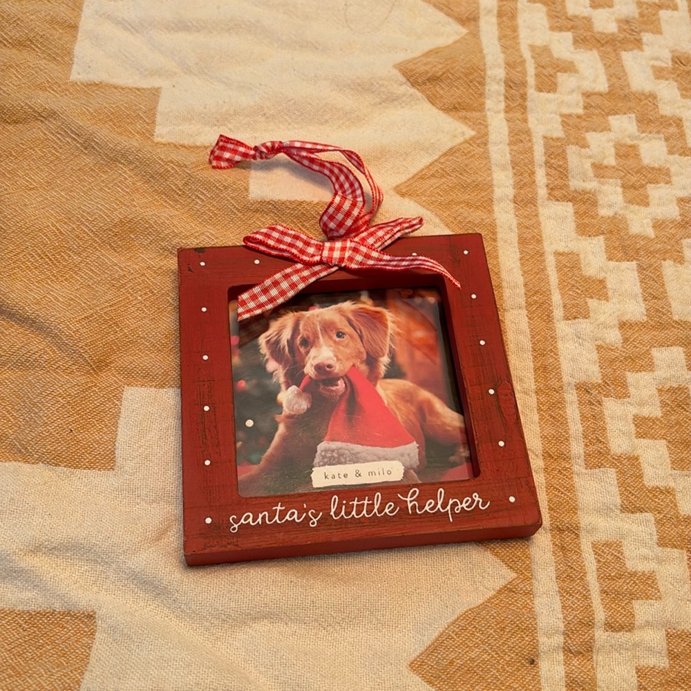 Santa’s little helper pet framed ornament